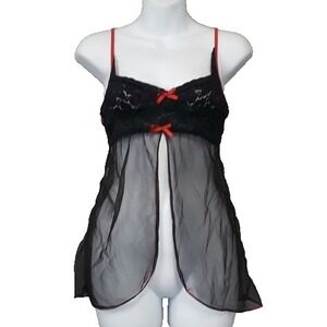 Espiral Babydoll Top Small Black Red Lace Sheer‎ Whimsygoth Grunge Camisole